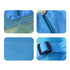 A blue foldable mesh drawstring backpack with zipper details, textured fabric, and adjustable strap. Features a logo.