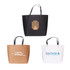 A collection of three medium boutique paper bags in black, brown, and white, featuring various designs and logos.