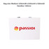 A medium white paper bag with flat black handles and a logo printed on the front.