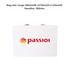 A large white paper bag with a flat black handle, featuring a colourful logo. Size: 380 x 270 x 120mm.