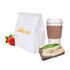 A white Tyvek cooler lunch bag, a coffee cup with a sleeve, a sandwich, and a strawberry. The bag features a logo.