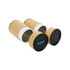 Medium kraft paper cylinders with black lids, featuring a logo, arranged upright.