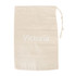 A small cream cotton produce bag with a drawstring closure and tassel detail, featuring a logo.