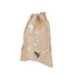 A small jute produce bag in natural beige featuring floral designs and a logo.