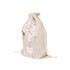 A small jute produce bag with a floral design in beige tones and a drawstring closure. It features a logo.