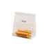 A clear bag filled with orange rolled snacks, featuring a logo on the front. The bag is sealed at the top.