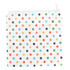 A reusable food pouch with a zipper closure, featuring a white background adorned with multi-coloured polka dots.