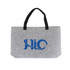 A grey felt shopping bag with black handles and a logo printed in blue.