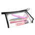 A clear PVC cosmetic bag with a black trim, containing scissors, pens, and a highlighter.