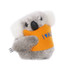 A grey koala plush toy wearing an orange felt vest with blue text, showcasing its cute features.