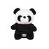 A plush panda toy featuring black and white fur, dressed in a black shirt. It has round eyes and a soft, cuddly appearance.