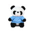 A plush toy panda with a black and white fur pattern, wearing a blue shirt, and has shiny eyes.