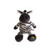 A plush zebra toy in black and white stripes with a soft, rounded body and a colourful logo on its foot.