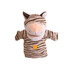 A plush tiger hand puppet with striped fabric and a smiling face, featuring a logo on the front.