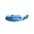 A blue and light blue plush toy shaped like an airplane, featuring white details and a small logo.