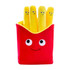 A red container with a smiling face holds several yellow squeaky French fry toys.