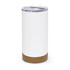 A drink bottle with a white body and a cork base, featuring a transparent lid and a logo.