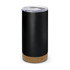 A drink bottle in matte black with a cork base and a clear lid, featuring a logo on the side.