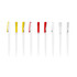 A collection of plastic pens with creamy white barrels and various coloured caps: yellow, red, and silver.