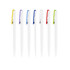 A selection of plastic pens with a creamy white barrel and coloured clips in purple, blue, red, and green.