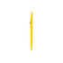 A yellow plastic pen with a silver clip, featuring a simple design and a branding logo.