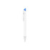 A white pen with a blue top and a silver nib, featuring a logo on its side.