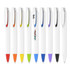 A collection of plastic pens with creamy white barrels, featuring vibrant coloured accents. Some pens include a logo.