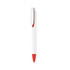 A pen with a creamy white barrel, featuring a red clip and tip, and it has a logo on the barrel.