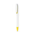 A plastic pen with a creamy white barrel and a yellow tip, featuring a clip and branding.