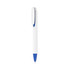 A plastic pen with a creamy white barrel and a blue tip, featuring a clip and branding.