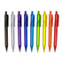 A selection of transparent barrel pens in black, purple, green, yellow, orange, and clear colours, displayed in a row.