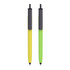 A promotional push button pen with a yellow barrel and black cap, and another with a green barrel and black cap.