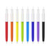 A row of push button pens with colour barrels in red, orange, yellow, green, blue, purple, and black, featuring creamy white caps.