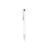 A plastic pen with a creamy white barrel and a blue accent on the clip, featuring a silver tip.