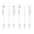 A collection of creamy white barrel pens with different coloured accents—red and orange—on the clip and tip.