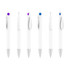 A set of plastic pens featuring a creamy white barrel with purple and blue accents on the clips.