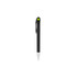 A black barrel pen with a green accent, featuring a clip and a shiny silver tip, along with branding.