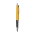 A plastic pen featuring a gold upper section and a black lower section. The pen includes a clip and a silver tip.