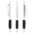 A creamy white barrel plastic pen with a black grip and silver accents, featuring a stylish design and a clip.