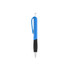 A plastic pen with a blue barrel and black grip, featuring a silver clip and tip, showcasing a simple design.