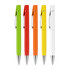 A collection of five pens in green, red, orange, yellow, and white, each with a silver clip and tip.