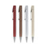 Four metallic ballpoint pens in red, brown, silver, and gold, featuring clip designs and shiny finishes.