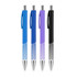 Four plastic pens with colourful barrels in blue, purple, and black, featuring silver accents and a logo.