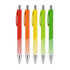 A set of five plastic pens featuring colourful barrels in red, orange, yellow, and green, with silver tips and clips.