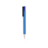 A blue pen with a black clip and a metallic finish, featuring a logo on its body.