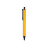 A plastic click pen in a bright orange colour with a black clip and tip, featuring a logo.
