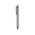 A plastic click pen in silver colour with a black tip and clip, featuring a logo.