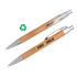 A bamboo click pen with silver accents and a logo, showcasing its eco-friendly design.