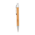 A bamboo click pen with a silver tip and clip, featuring a natural wood finish. It has a logo on the barrel.