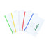 A collection of transparent A4 file bags in clear, with coloured tops in green, yellow, red, and blue. One bag features a logo.